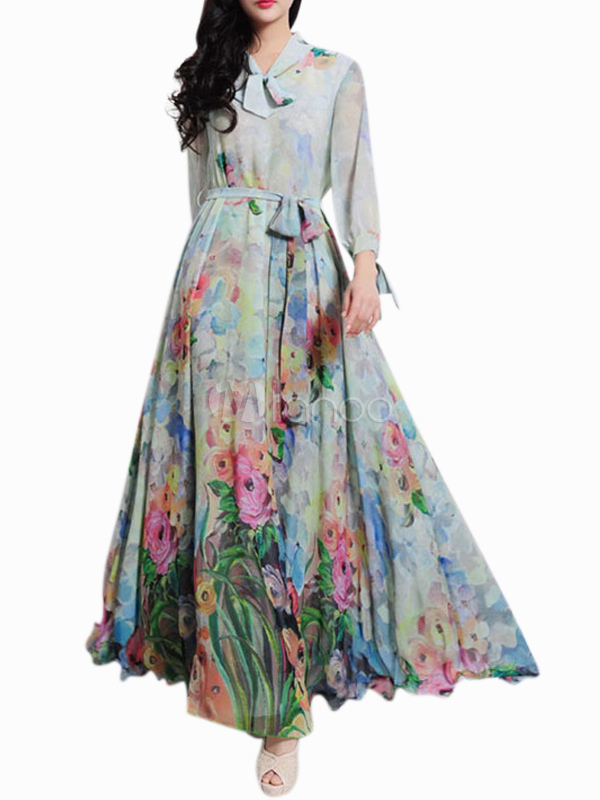 Stylish Light Blue V-Neck Sash 3/4 Length Sleeves Womens Maxi Dress ...