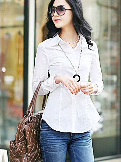 Casual White Turndown Collar Long Sleeves Cotton Shirt - Milanoo.com