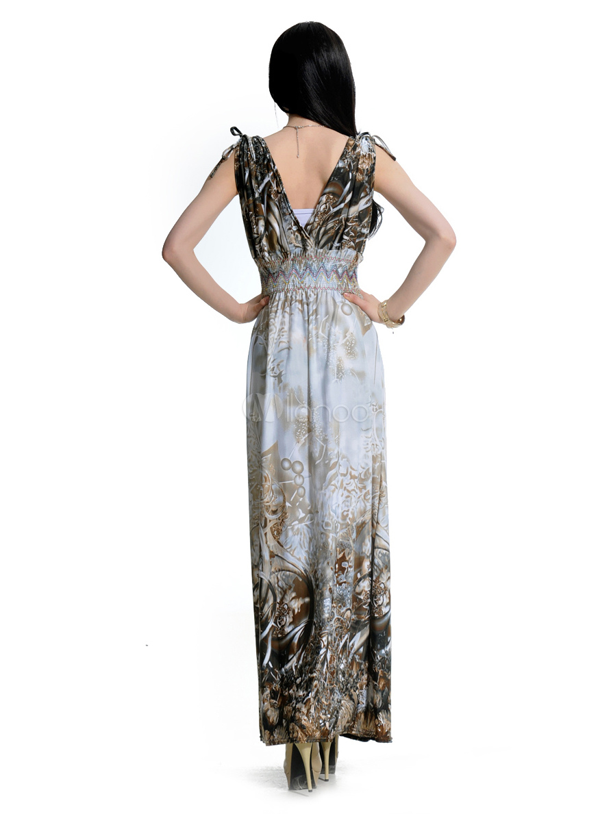 Daily Gray Floral Print Spandex V-Neck Women's Maxi Dress - Milanoo.com