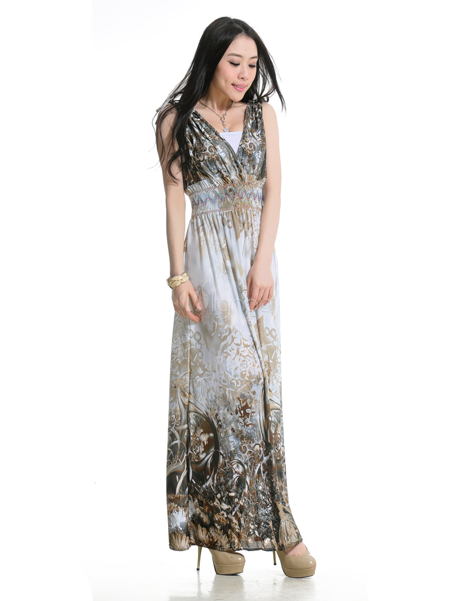 Daily Gray Floral Print Spandex V-Neck Women's Maxi Dress - Milanoo.com