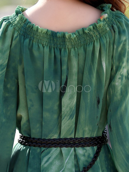 Green Long Sleeves Belted Chiffon Womens Dress - Milanoo.com