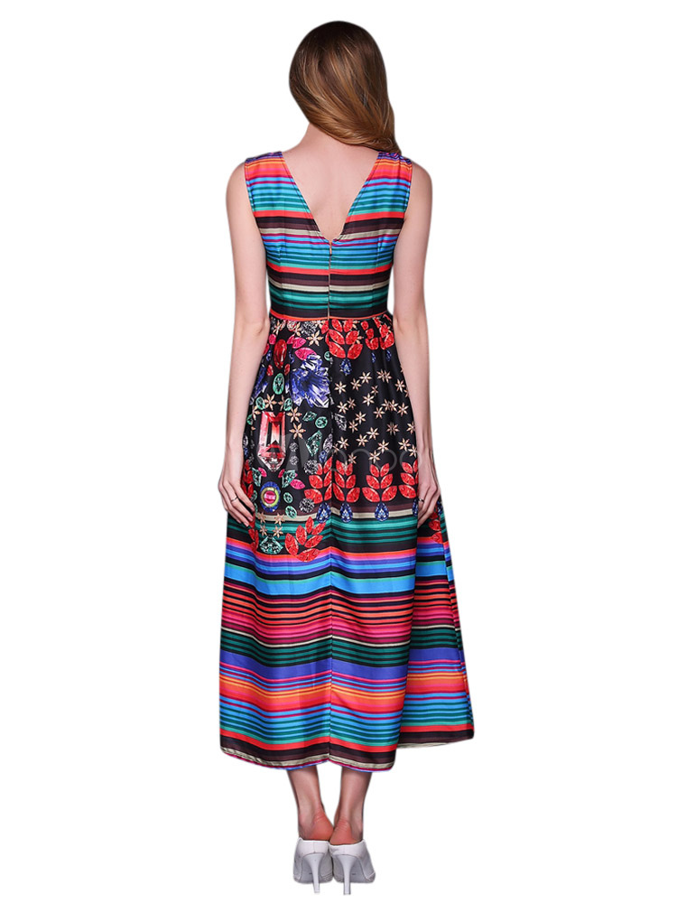 Multi Color Crewneck Printed Stripe Shaping Silk Maxi Dress for Woman ...