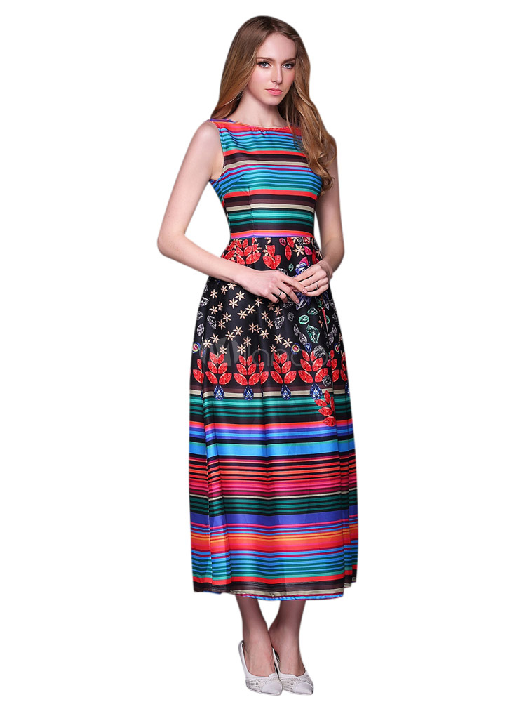 Multi Color Crewneck Printed Stripe Shaping Silk Maxi Dress for Woman ...