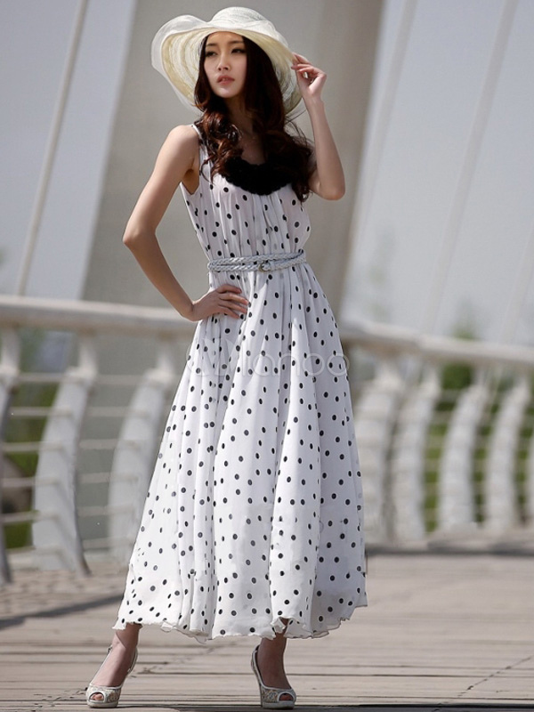 White Polka Dot Sash Chiffon Women's Maxi Dress - Milanoo.com