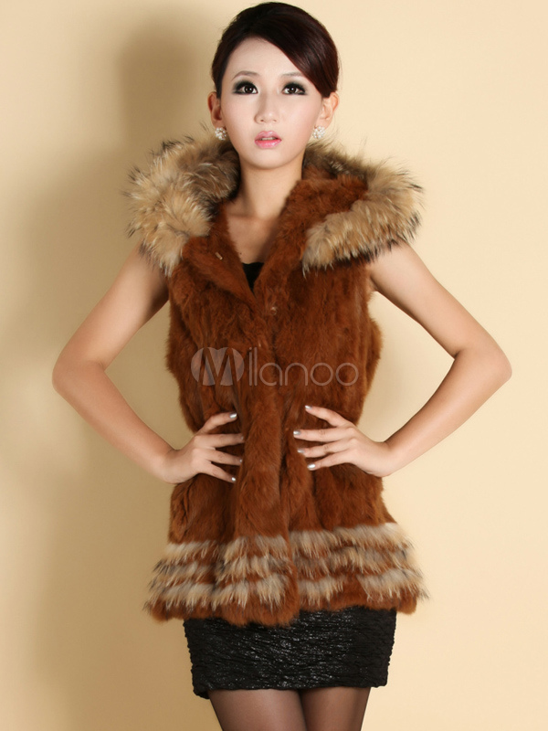 Grace Brown Sleeveless Rabbit Fur Women's Fur Vest - Milanoo.com