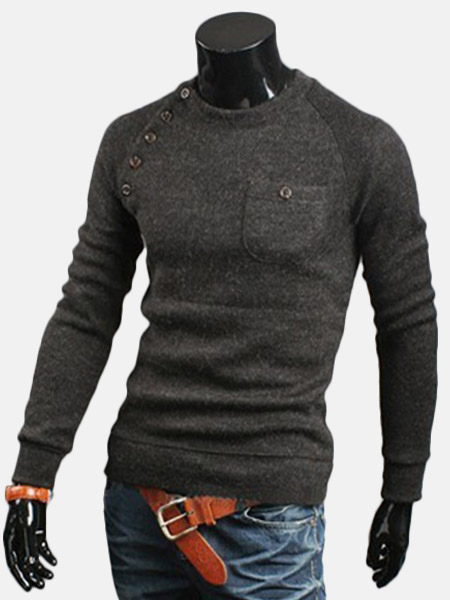 Crewneck Long Sleeves Pockets Asymmetrical Cotton Blend Men's Pullover ...