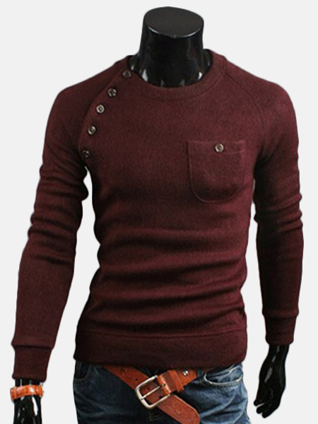 Crewneck Long Sleeves Pockets Asymmetrical Cotton Blend Men's Pullover ...
