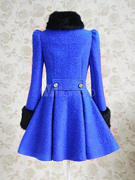Beautiful Royal Blue Long Sleeves Two-Tone Wool Blend Pleated Pea Coat ...