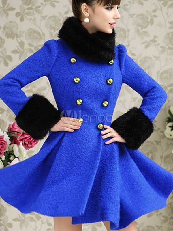 Beautiful Royal Blue Long Sleeves Two-Tone Wool Blend Pleated Pea Coat