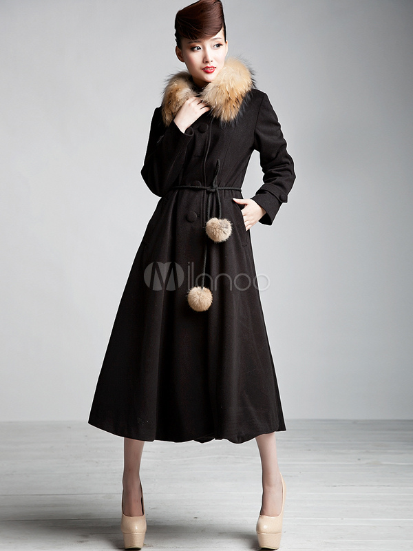 Black Front Button Wool Woman's Maxi Coat - Milanoo.com