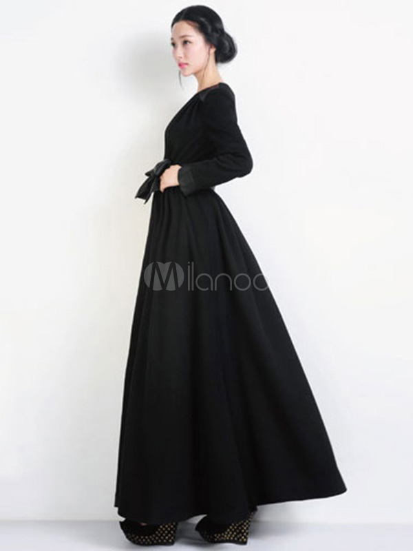 Black Wool V-Neck Sash Long Sleeves Solid Color Charming Woman's ...