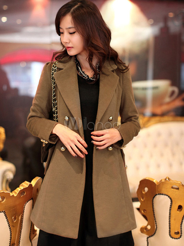 Brown Double-Breasted Long Sleeves Coat for Woman - Milanoo.com