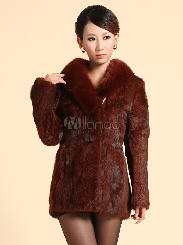 Charming Notch Collar Rabbit Fur Shaping Fur Coat for Woman - Milanoo.com