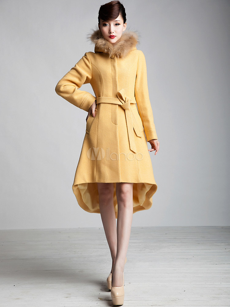 Fabulous Yellow Sash Wool High Low Design Coat for Woman - Milanoo.com