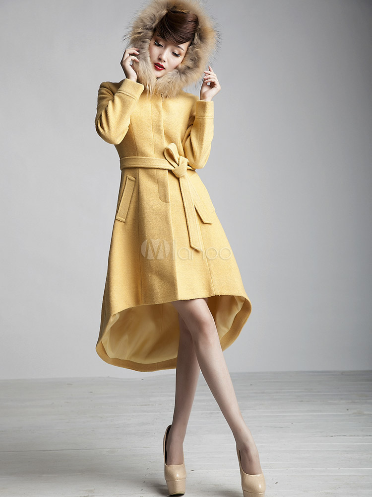 Fabulous Yellow Sash Wool High Low Design Coat for Woman