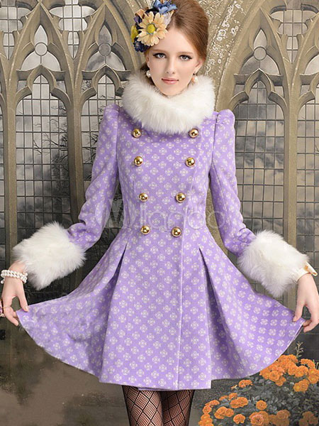 Lilac Wool Blend Pleated Printed Double Breasted Woman's Pea Coat ...