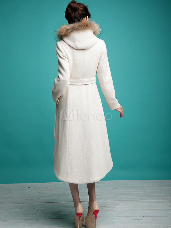 White Front Button HighLow Hem Wool Woman's Trench Coat