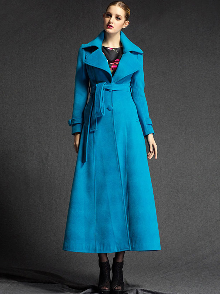Wool Turndown Collar Sash Long Sleeves Solid Color Charming Woman's ...