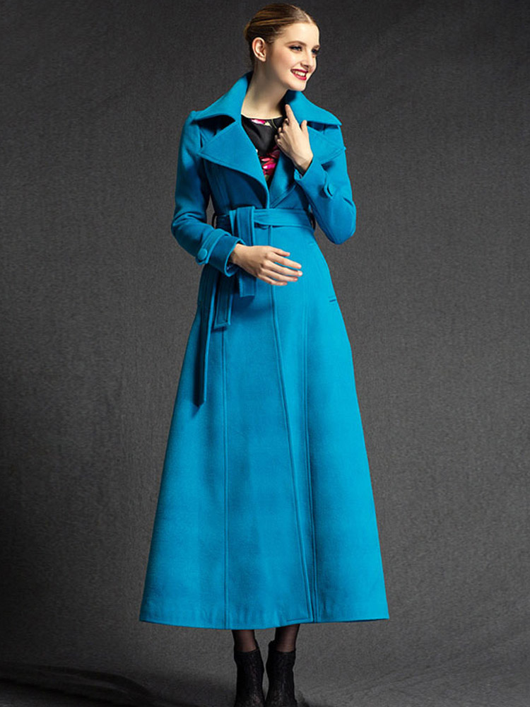 Wool Turndown Collar Sash Long Sleeves Solid Color Charming Woman's ...