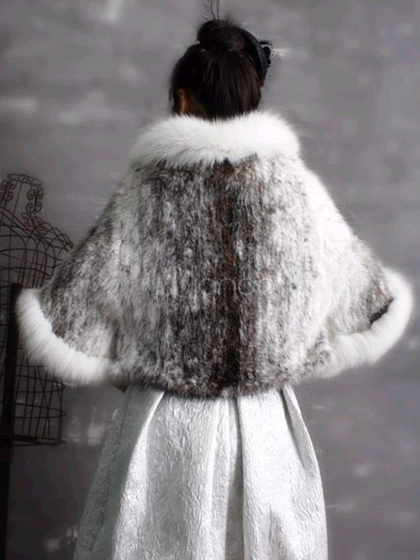 Gray 3/4 Length Sleeves Rabbit Fur Jacket for Women