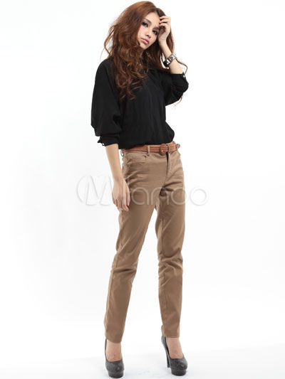 Fitted Brown Cotton Womens Straight Pants - Milanoo.com