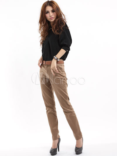 Fitted Brown Cotton Womens Straight Pants - Milanoo.com