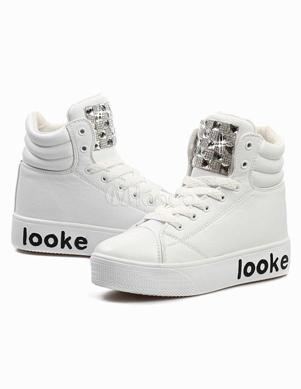 Cool White Rhinestone Grommets Leather Womens Sneakers - Milanoo.com