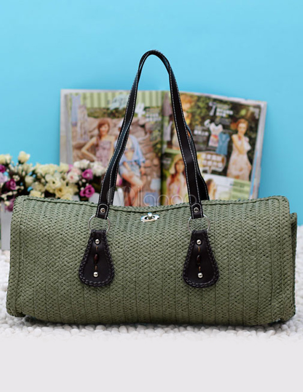 Cheap Horizontal Double Handle Twist Lock Womens Straw Tote Beach Bag