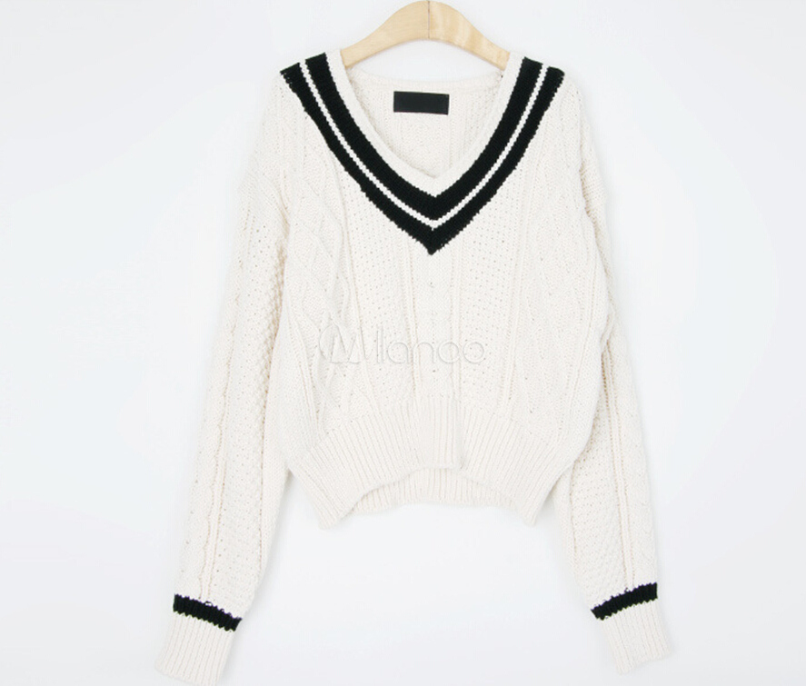 Preppy Style White V-neck Pullover Sweater - Milanoo.com