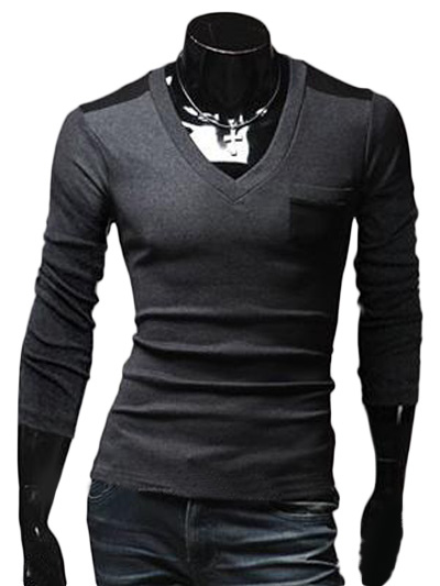 Long Sleeves V-Neck Two-Tone Cotton Handsome Mens Tee With Pockets ...