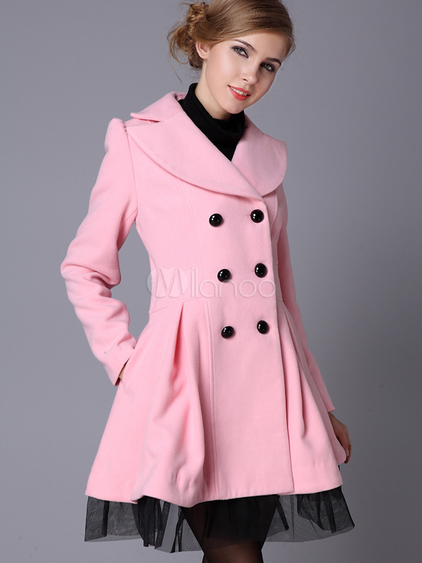 Ladylike Pink Wool Double Breasted Women's Long Coat - Milanoo.com