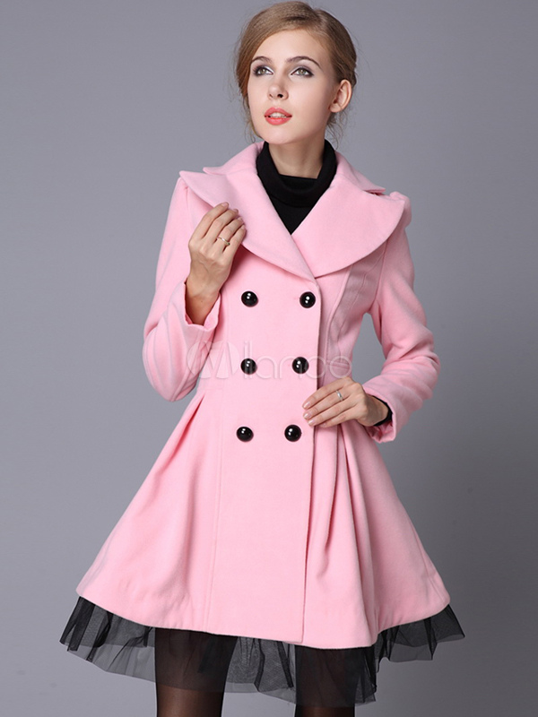 Ladylike Pink Wool Double Breasted Women's Long Coat - Milanoo.com