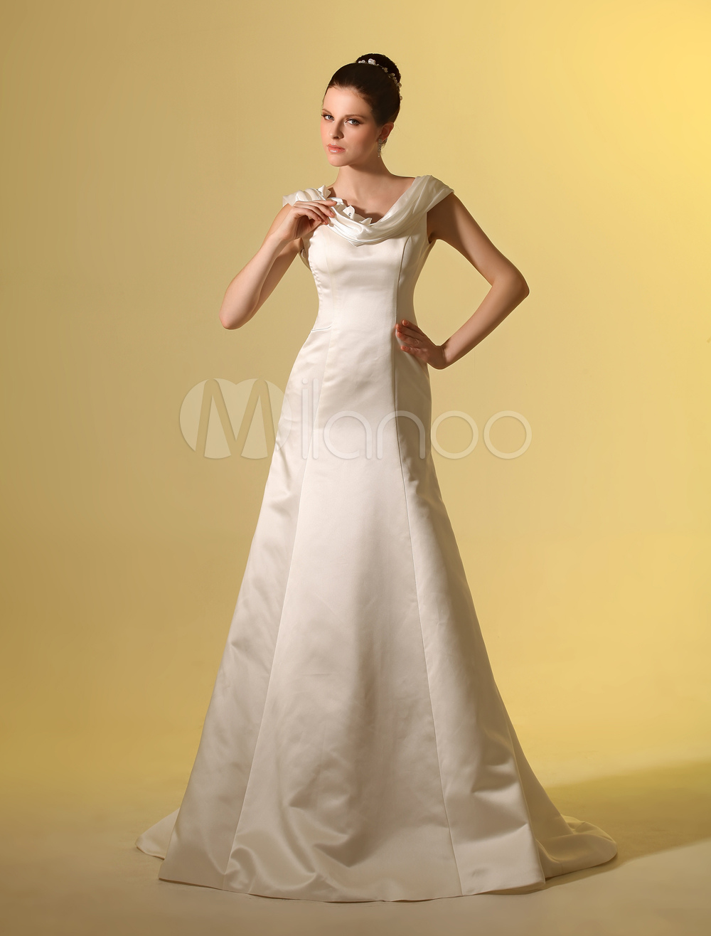 Beautiful Ivory Aline Cowl Neck Flower Satin Wedding Dress For Bride Milanoo