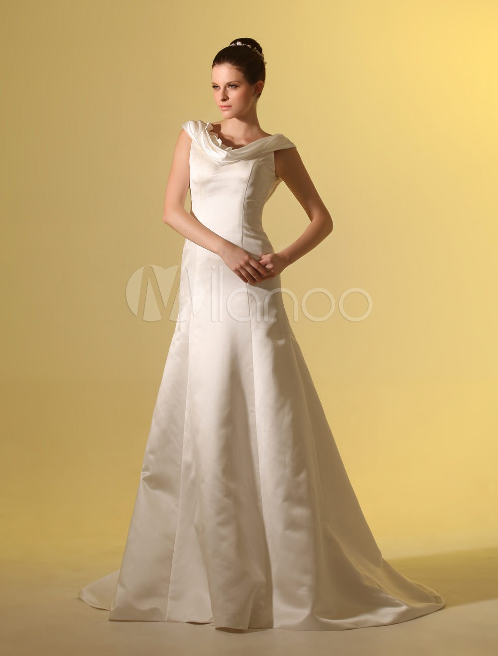 Beautiful Ivory A line Cowl Neck Flower Satin Wedding Dress For Bride Milanoo Milanoo