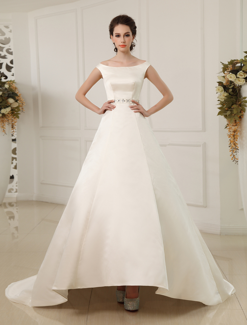 Court Train A Line Off The Shoulder Beaded Ivory Wedding Dress