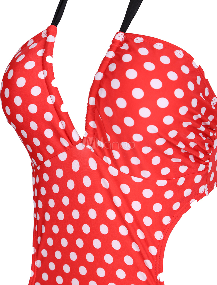 Red Polka Dot Monokini Halter One Piece Swimsuit