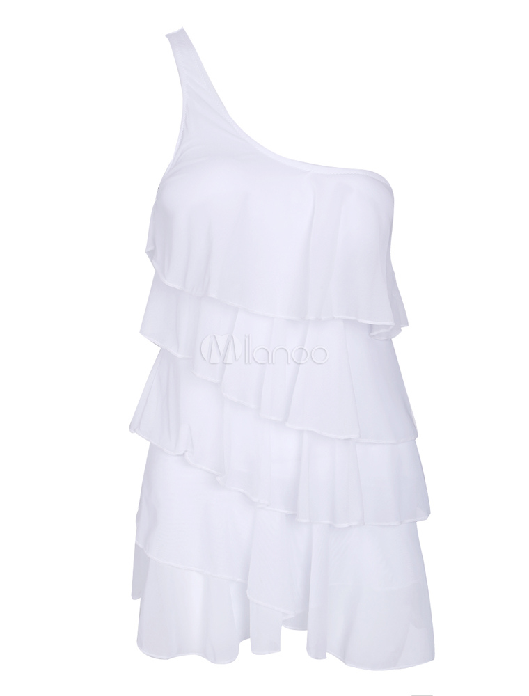 White OneShoulder Layered Swimdress
