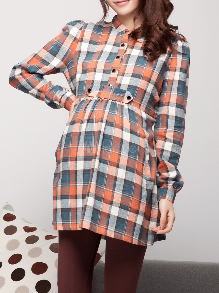 Long Sleeves Plaid Pattern Cotton Maternity Blouse