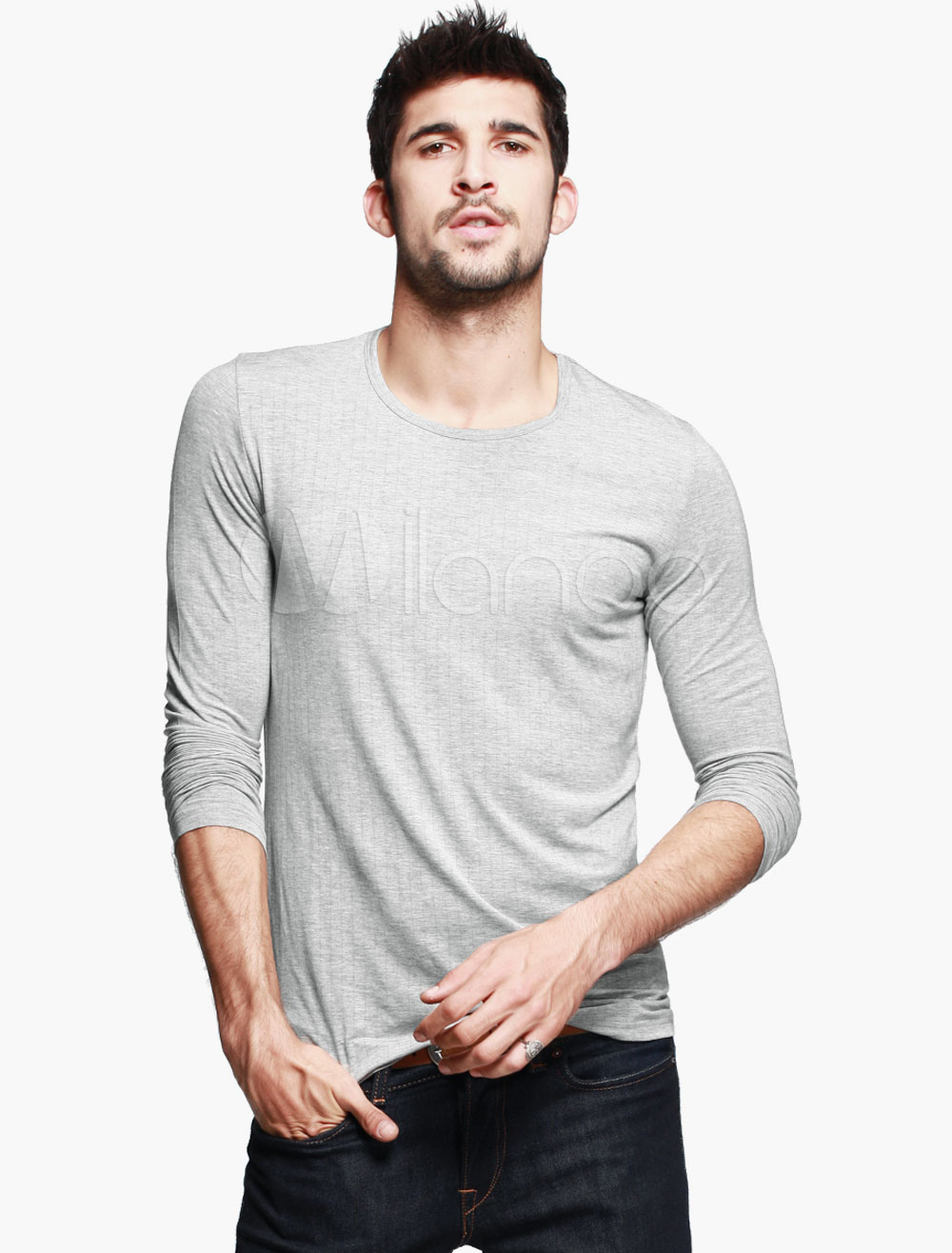 Basic Long Sleeve Tshirt with crew neck and Slim Fit - Milanoo.com