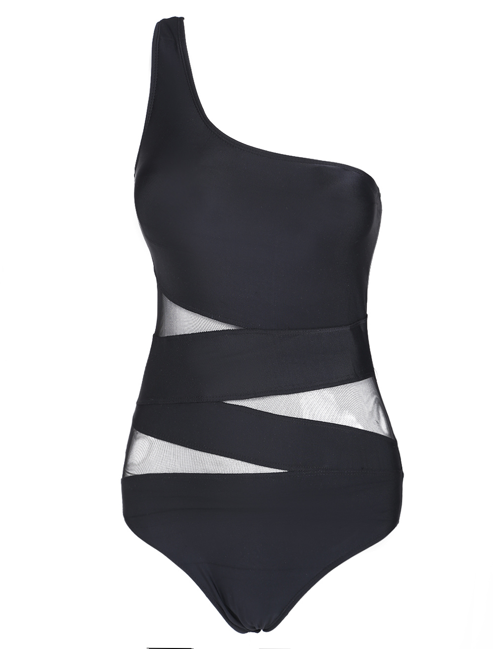 Black OneShoulder Sheer Mesh Insert Sexy One Piece Swimwear