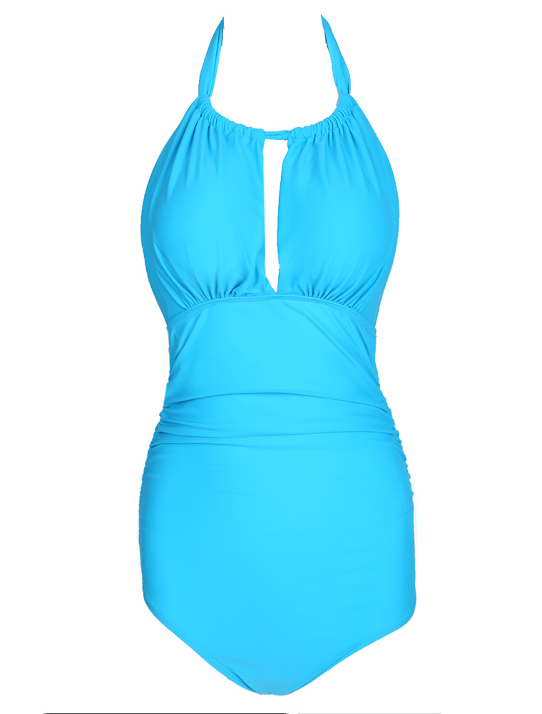 Deep V-Neck Solid Color Halter Cut-Out Womens One Piece Hot Swimsuit ...