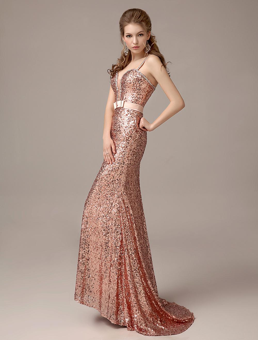 Rose gold prom dress shops with train