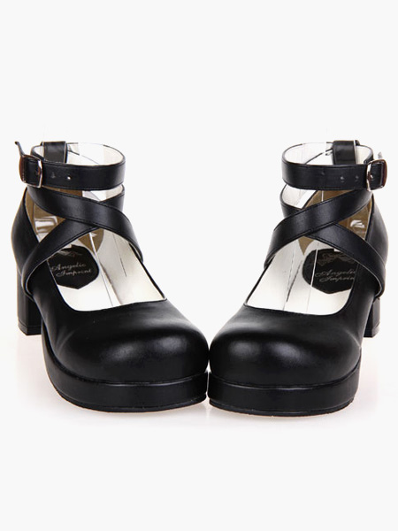 Costumes Lolita | Black Lolita Heels Square Platform Ankle Straps Chunky Heel Lolita Shoes - EP77839