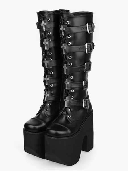 Costumes Lolita | Gothic Black Lolita Boots High Platform Buckles Cross Print - GD13174