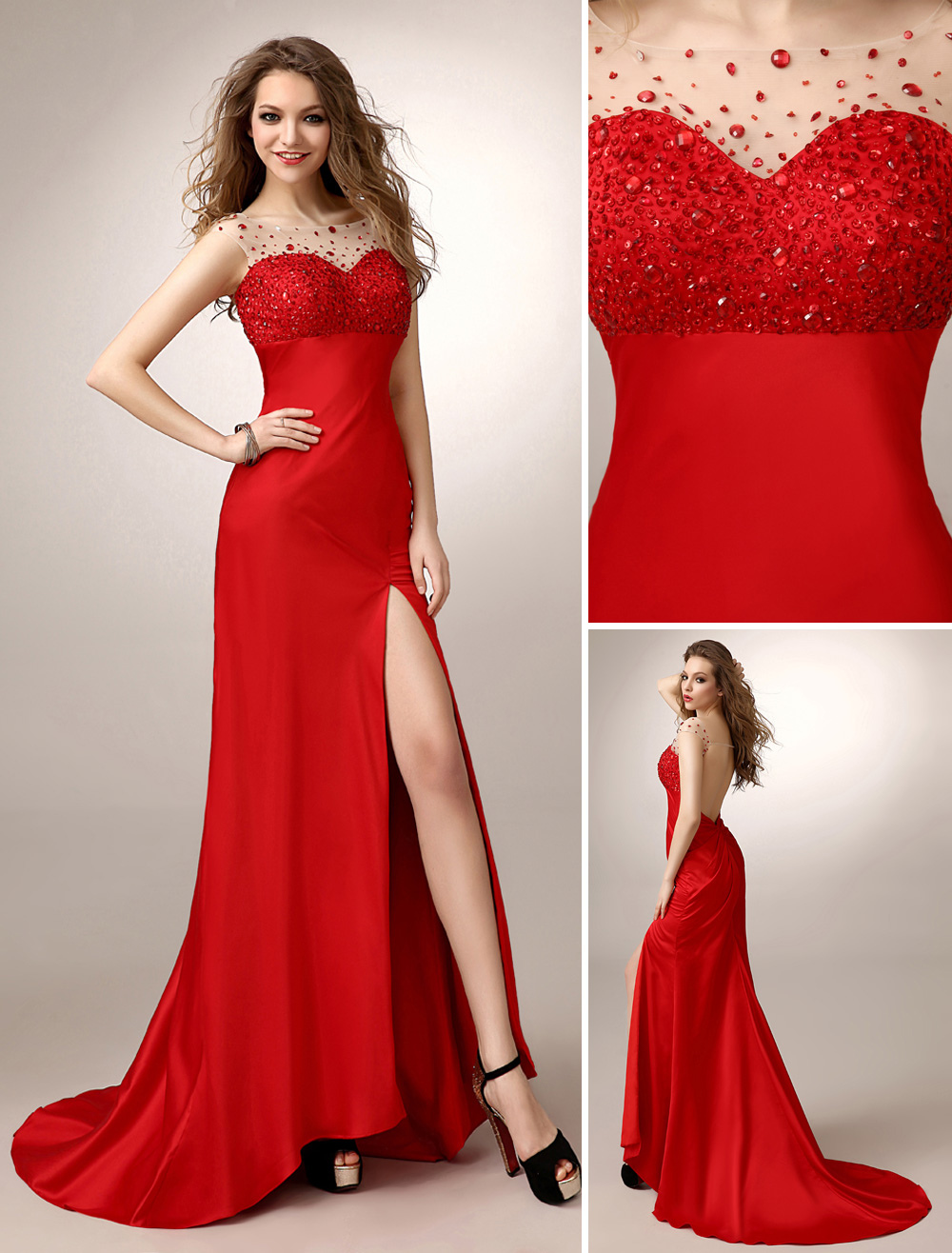 Red Prom Dresses 2018 Long Mermaid Backless Evening Dress Rhinestone ...
