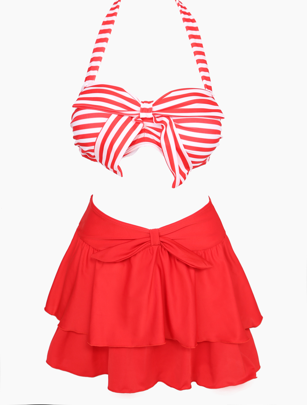 Bow Decor Halter Striped Bikini Suit with Layered Skirt