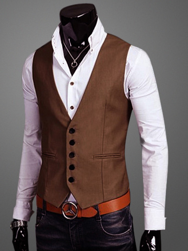Men Waistcoat Black Button Pocket Slim Fit Suit Gilet - Milanoo.com