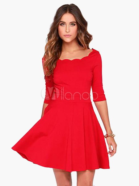 Red Long Sleeves Scalloped Trim Polyester Lovely Women's Skater Dress ...