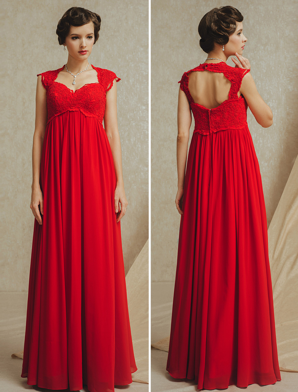 Red Long Vintage Maternity Lace Evening Dress with Open Back