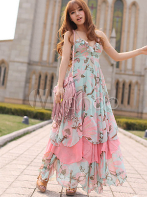 chiffon spaghetti maxi printing neck pink dress